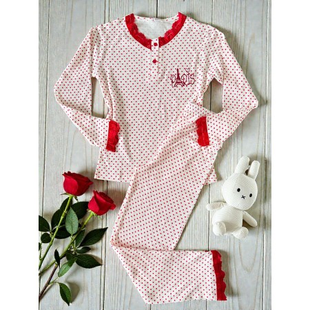 Pijama dama ieftina alba din bumbac, cu pantaloni lungi si bluza cu imprimeu PARIS