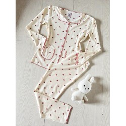 Pijama dama ieftina bumbac pufoasa lunga cu bluza ivoire si pantaloni lungi cu imprimeu cirese