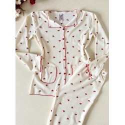 Pijama dama ieftina bumbac pufoasa lunga cu bluza ivoire si pantaloni lungi cu imprimeu cirese
