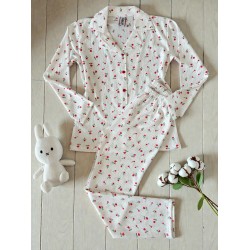 Pijama dama ieftina bumbac lunga cu pantaloni lungi albi si bluza alba cu imprimeu trandafiri