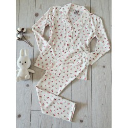 Pijama dama ieftina bumbac lunga cu pantaloni lungi albi si bluza alba cu imprimeu trandafiri