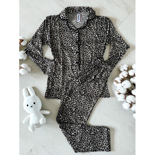 Pijama dama ieftina animal print din bumbac fin, cu pantaloni lungi si bluza cu imprimeu PRINT