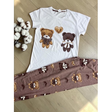 Pijama dama ieftina din bumbac cu tricou si pantaloni lungi maro cu imprimeu BEARS