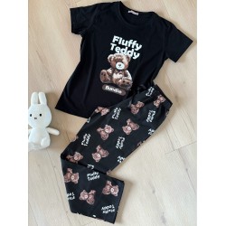 Pijama dama din bumbac cu pantaloni lungi si tricou negru cu imprimeu Fluffy Teddy