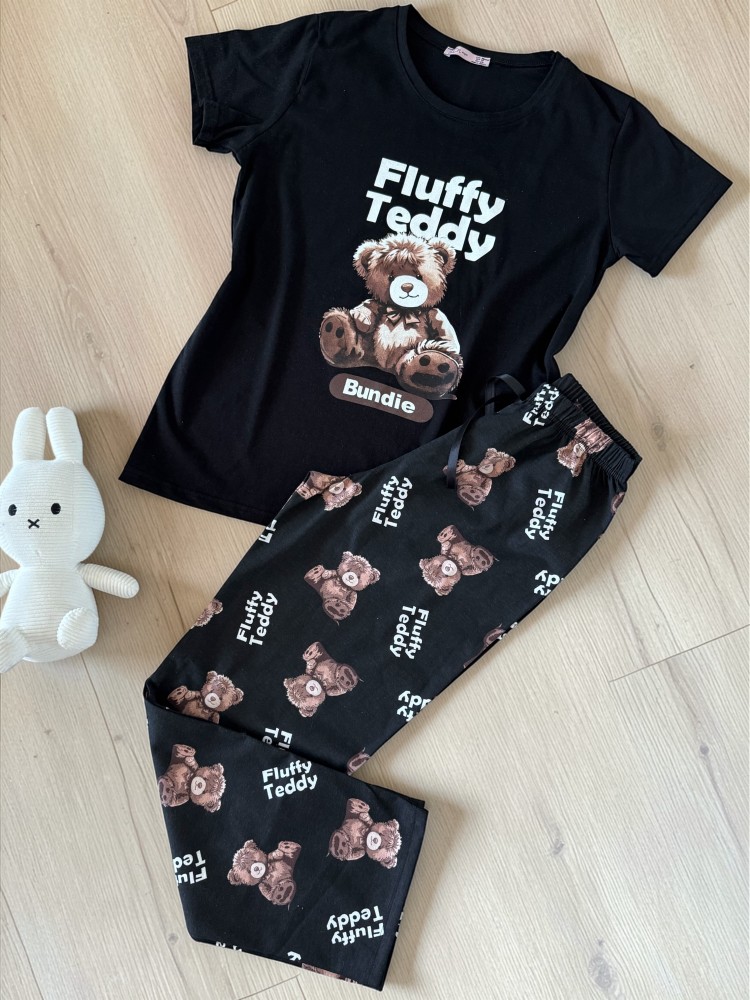 Pijama dama din bumbac cu pantaloni lungi si tricou negru cu imprimeu Fluffy Teddy