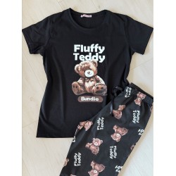 Pijama dama din bumbac cu pantaloni lungi si tricou negru cu imprimeu Fluffy Teddy