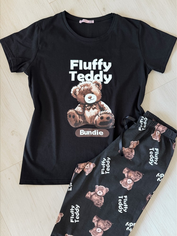Pijama dama din bumbac cu pantaloni lungi si tricou negru cu imprimeu Fluffy Teddy