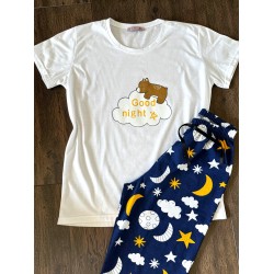 Pijama dama din bumbac cu pantaloni lungi bleumarin si tricou alb cu imprimeu GOOD NIGHT ursulet