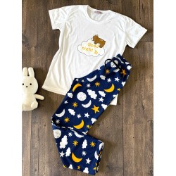 Pijama dama din bumbac cu pantaloni lungi bleumarin si tricou alb cu imprimeu GOOD NIGHT ursulet