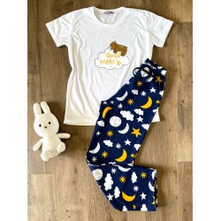 Pijama dama din bumbac cu pantaloni lungi bleumarin si tricou alb cu imprimeu GOOD NIGHT ursulet