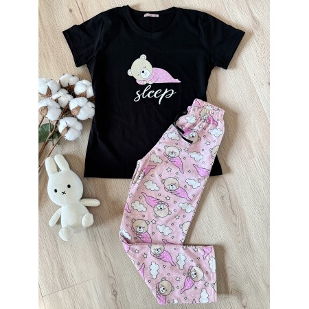 Pijama dama din bumbac cu pantaloni lungi roz si tricou negru cu imprimeu SLEEP ursulet