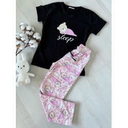 Pijama dama din bumbac cu pantaloni lungi roz si tricou negru cu imprimeu SLEEP ursulet