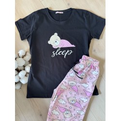 Pijama dama din bumbac cu pantaloni lungi roz si tricou negru cu imprimeu SLEEP ursulet