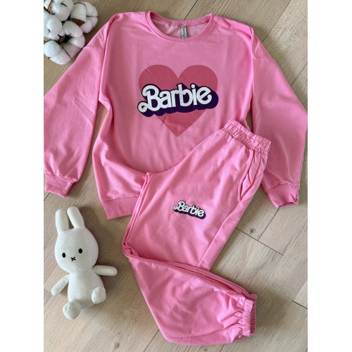 Pijama dama din bumbac cu pantaloni 3/4 si bluza roz cu imprimeu BARBIE heart