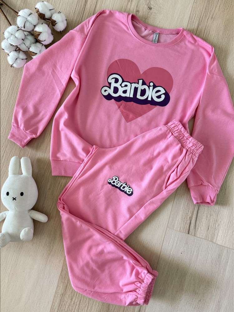 Pijama dama din bumbac cu pantaloni 3/4 si bluza roz cu imprimeu BARBIE heart