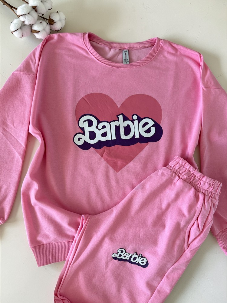 Pijama dama din bumbac cu pantaloni 3/4 si bluza roz cu imprimeu BARBIE heart