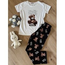 Pijama dama din bumbac cu pantaloni lungi negri si tricou alb cu imprimeu Fluffy Teddy
