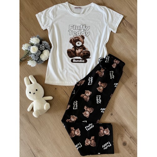 Pijama dama din bumbac cu pantaloni lungi negri si tricou alb cu imprimeu Fluffy Teddy Pijama dama din bumbac cu pantaloni lungi negri si tricou alb cu imprimeu Fluffy Teddy