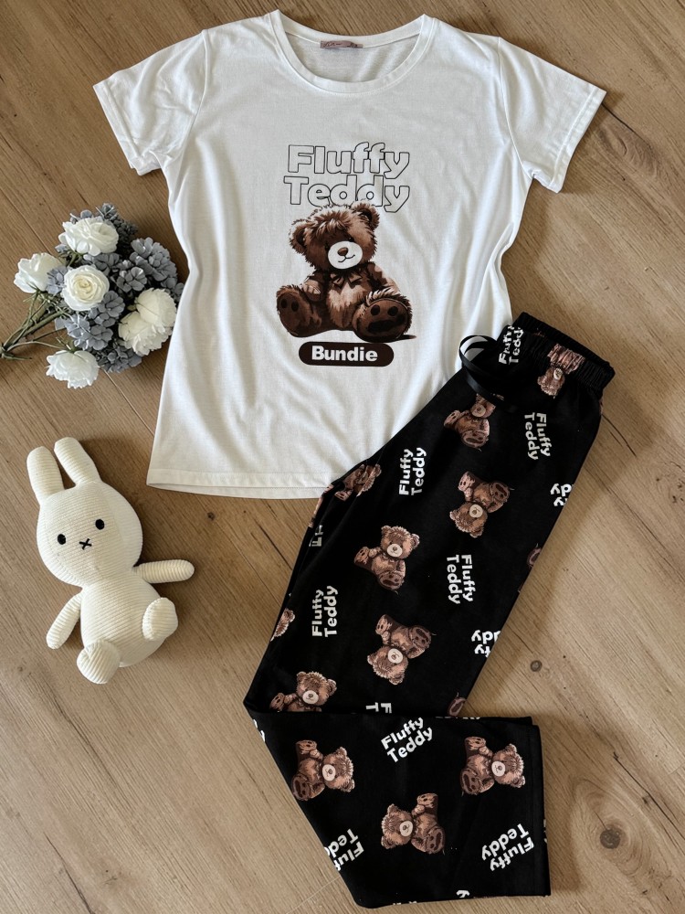 Pijama dama din bumbac cu pantaloni lungi negri si tricou alb cu imprimeu Fluffy Teddy Pijama dama din bumbac cu pantaloni lungi negri si tricou alb cu imprimeu Fluffy Teddy