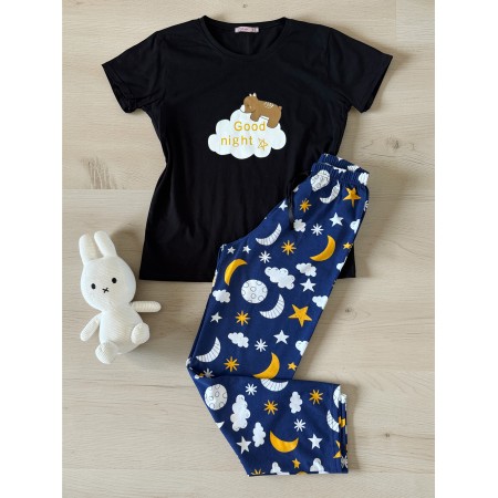 Pijama dama din bumbac cu pantaloni lungi bleumarin si tricou negru cu imprimeu GOOD NIGHT ursulet
