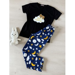Pijama dama din bumbac cu pantaloni lungi bleumarin si tricou negru cu imprimeu GOOD NIGHT ursulet