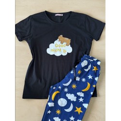 Pijama dama din bumbac cu pantaloni lungi bleumarin si tricou negru cu imprimeu GOOD NIGHT ursulet