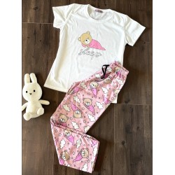 Pijama dama din bumbac cu pantaloni lungi roz si tricou alb cu imprimeu SLEEP ursulet