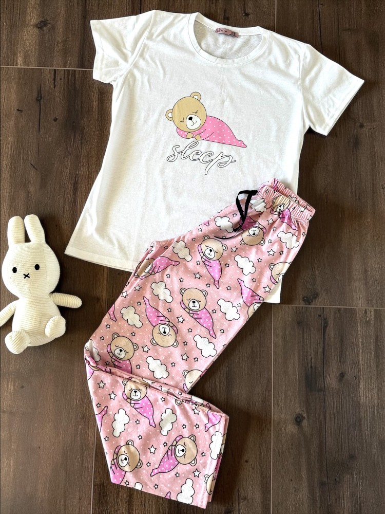 Pijama dama din bumbac cu pantaloni lungi roz si tricou alb cu imprimeu SLEEP ursulet