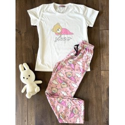 Pijama dama din bumbac cu pantaloni lungi roz si tricou alb cu imprimeu SLEEP ursulet
