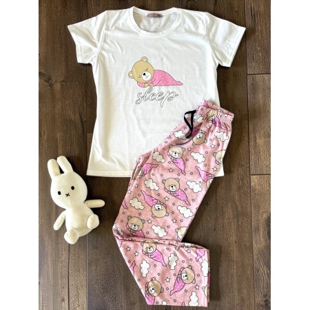 Pijama dama din bumbac cu pantaloni lungi roz si tricou alb cu imprimeu SLEEP ursulet