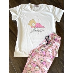 Pijama dama din bumbac cu pantaloni lungi roz si tricou alb cu imprimeu SLEEP ursulet