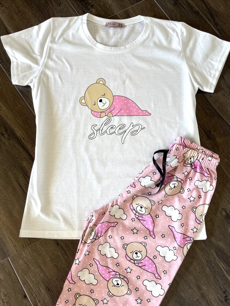 Pijama dama din bumbac cu pantaloni lungi roz si tricou alb cu imprimeu SLEEP ursulet