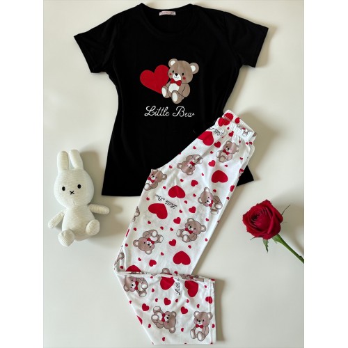 Pijama dama din bumbac ieftina cu pantaloni lungi cu inimioare si tricou negru cu imprimeu Little Bear HEARTS