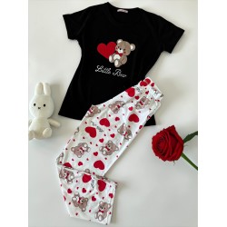 Pijama dama din bumbac ieftina cu pantaloni lungi cu inimioare si tricou negru cu imprimeu Little Bear HEARTS