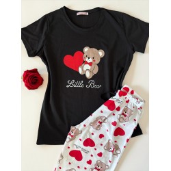 Pijama dama din bumbac ieftina cu pantaloni lungi cu inimioare si tricou negru cu imprimeu Little Bear HEARTS