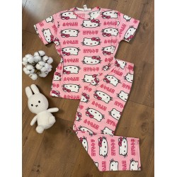 Pijama dama bumbac ieftina roz cu pantaloni lungi si tricou cu imprimeu cute HELLO KITTY