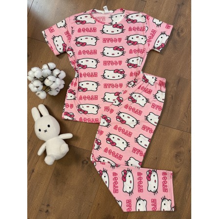 Pijama dama bumbac ieftina roz cu pantaloni lungi si tricou cu imprimeu cute HELLO KITTY