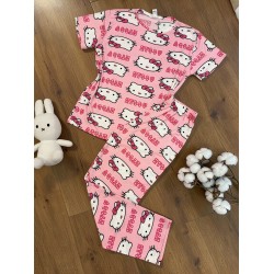 Pijama dama bumbac ieftina roz cu pantaloni lungi si tricou cu imprimeu cute HELLO KITTY