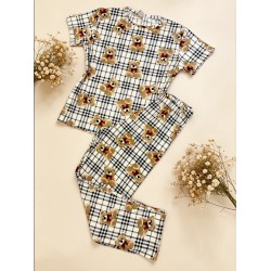 Pijama dama bumbac ieftina cu pantaloni lungi si tricou cu imprimeu carouri si ursuleti