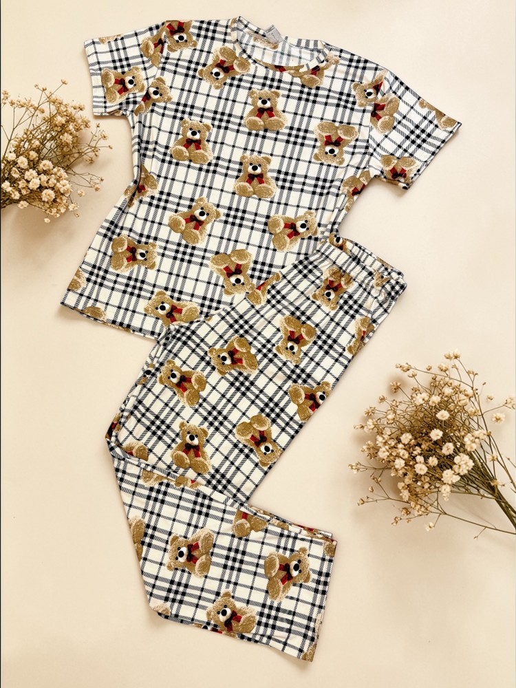 Pijama dama bumbac ieftina cu pantaloni lungi si tricou cu imprimeu carouri si ursuleti