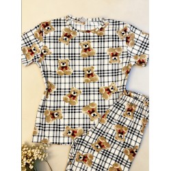 Pijama dama bumbac ieftina cu pantaloni lungi si tricou cu imprimeu carouri si ursuleti