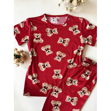 Pijama dama ieftina din bumbac cu tricou si pantaloni lungi cu imprimeu URS buline