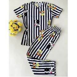 Pijama dama ieftina cu tricou si pantaloni 3/4 bleumarin cu imprimeu Tweety dungi
