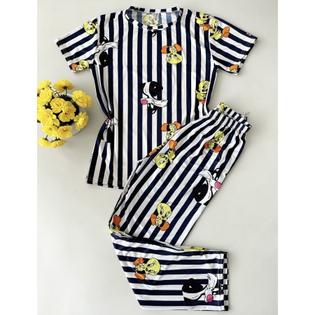 Pijama dama ieftina cu tricou si pantaloni 3/4 bleumarin cu imprimeu Tweety dungi