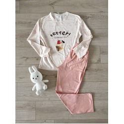 Pijama dama din bumbac ieftina cu pantaloni roz si bluza lunga cu imprimeu OITE funny