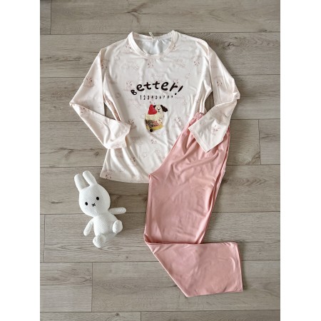 Pijama dama din bumbac ieftina cu pantaloni roz si bluza lunga cu imprimeu OITE funny