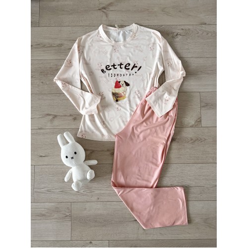 Pijama dama din bumbac ieftina cu pantaloni roz si bluza lunga cu imprimeu OITE funny