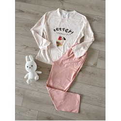Pijama dama din bumbac ieftina cu pantaloni roz si bluza lunga cu imprimeu OITE funny