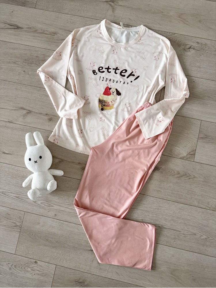 Pijama dama din bumbac ieftina cu pantaloni roz si bluza lunga cu imprimeu OITE funny