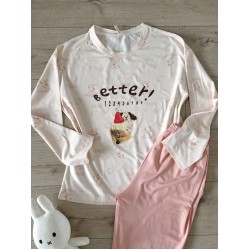 Pijama dama din bumbac ieftina cu pantaloni roz si bluza lunga cu imprimeu OITE funny